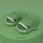chaussons requin d'été coloris vert présentés sur fond vert assorti
