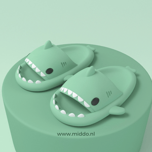 chaussons requin d'été coloris vert pâle présentés sur fond vert pâle assorti