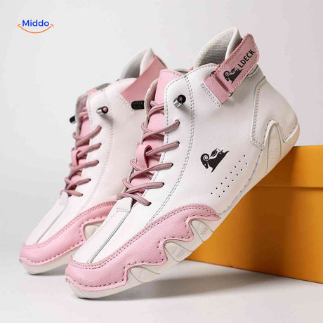 chaussures barefoot blanc et rose en cuir, look mode urbaine avec semelle flexible ergonomique