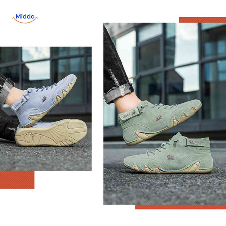 chaussures barefoot bleu et vert en cuir au style aventure outdoor, semelle flexible confort