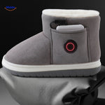 chaussures chauffantes grises avec indicateur LED rouge, affichage du niveau de chaleur