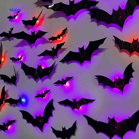 chauves-souris 3d led collées sur mur pour décoration halloween, effet lumineux spectaculaire