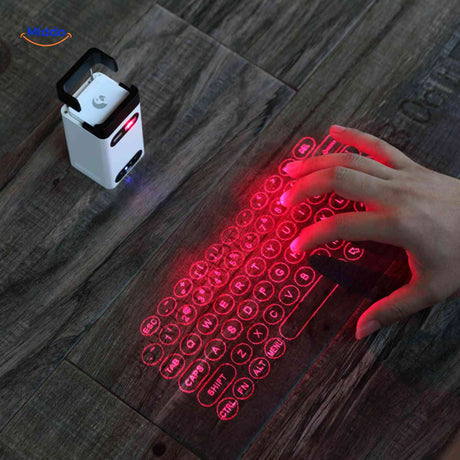 clavier laser bluetooth projete sur table avec utilisation des mains
