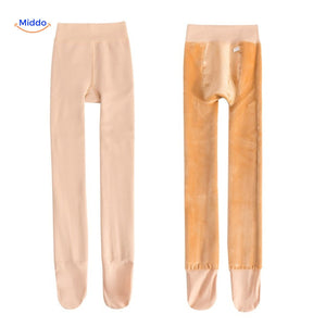 collants thermiques polaires beige et noirs présentés à plat côte à côte