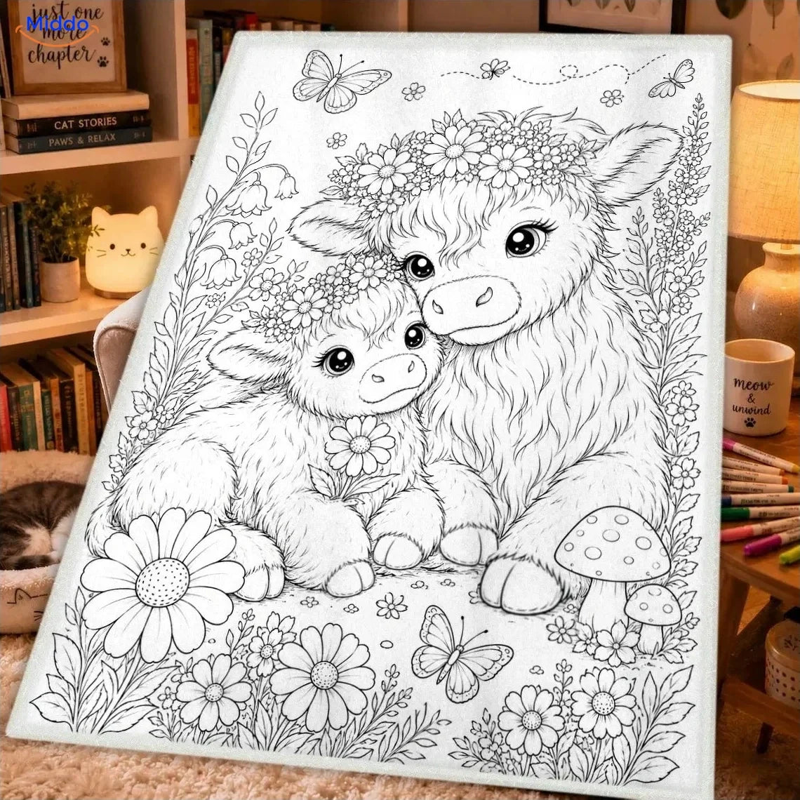 Couverture à colorier ColorFlow - Vache Highland et son veau