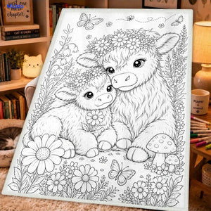 Couverture à colorier ColorFlow - Vache Highland et son veau