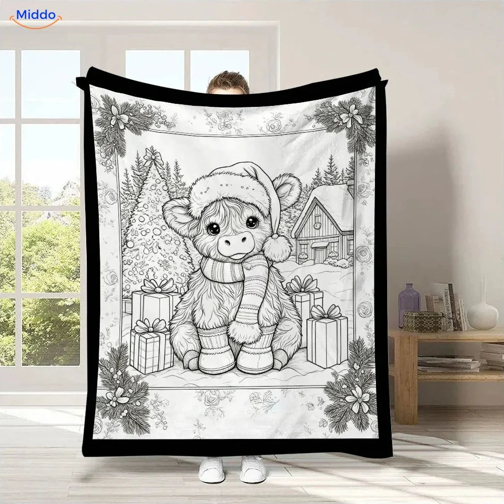 Couverture à colorier ColorFlow - Veau Highland avec bonnet de Noël