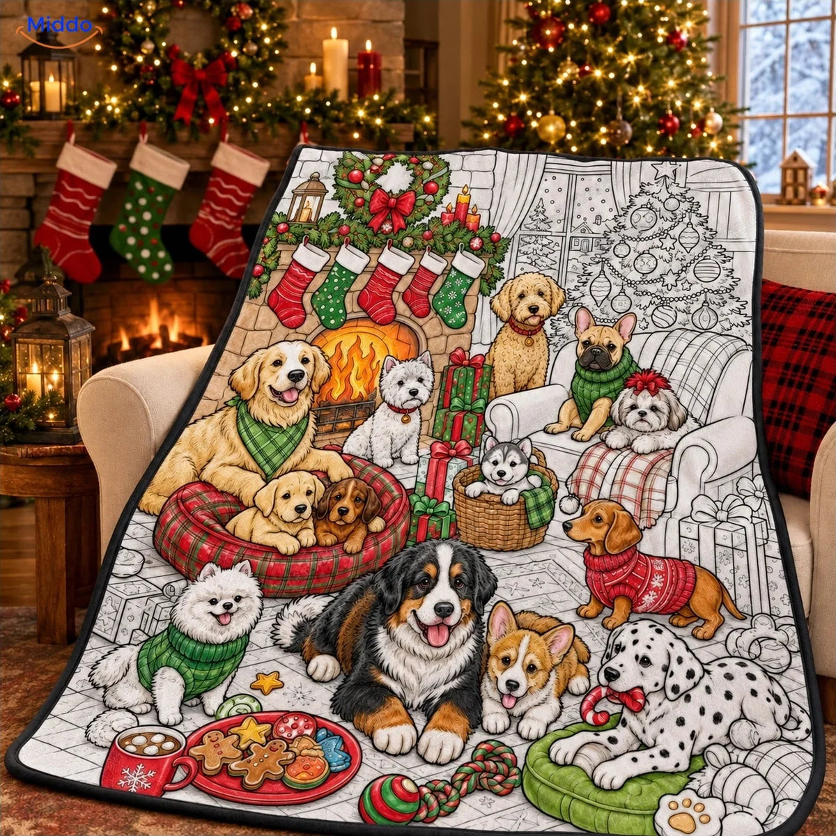 Couverture à colorier ColorFlow - Chiens de Noël près de la cheminée