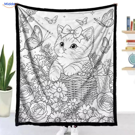 Couverture à colorier ColorFlow - Chaton dans un panier de fleurs