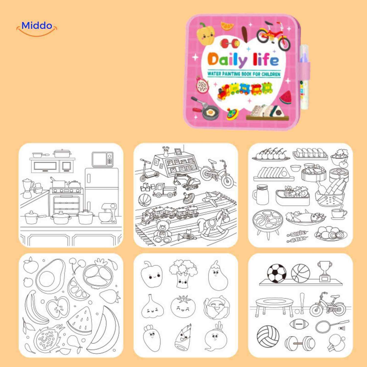 livre de coloriage a l'eau theme vie quotidienne, illustrations ludiques pour enfants sans salissure