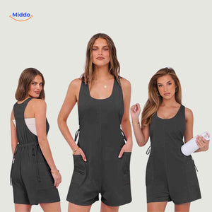 combinaison grise casual avec cordon à la taille et poches de rangement pratiques