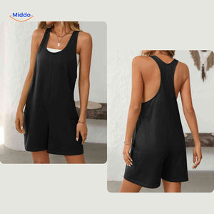 combinaison noire minimaliste avec détail dos ouvert et poches latérales
