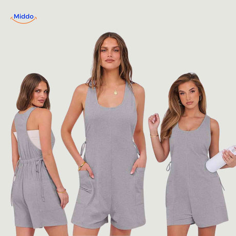 combinaison rose portée par trois mannequins, avec cordon à la taille et poches