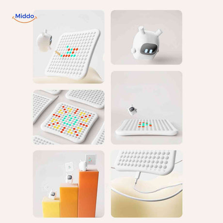 gobango console ia interactive avec patterns led colorés et robot sur écran matrix portable