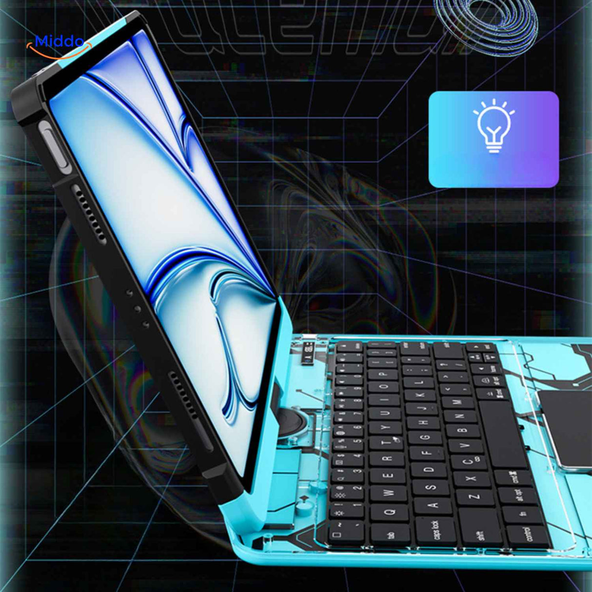 coque iPad bluetooth vue de côté avec charnière pivotante, rotation 360 degrés