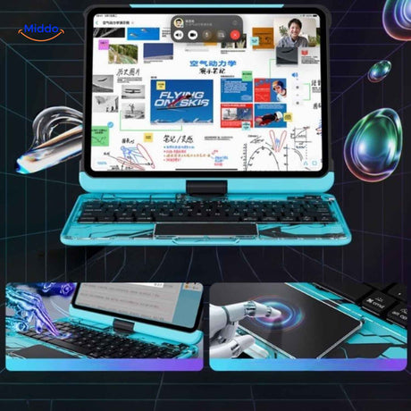 coque iPad avec clavier bluetooth interactif, vue d'ensemble du produit en situation