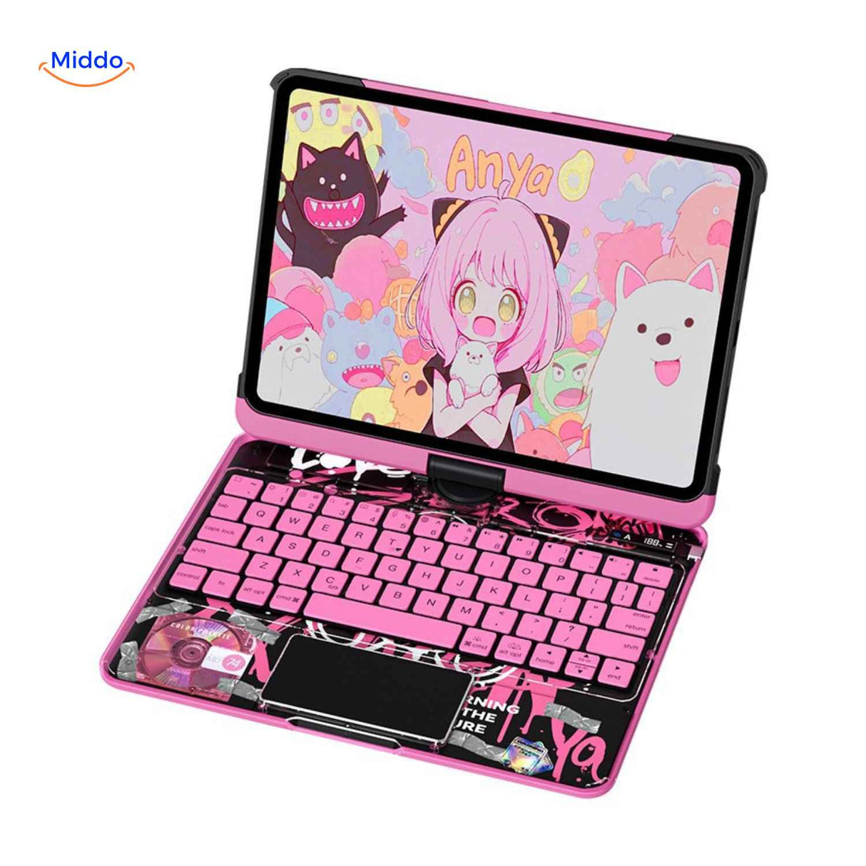 coque iPad rose motif anime avec clavier bluetooth, design kawaii pour iPad