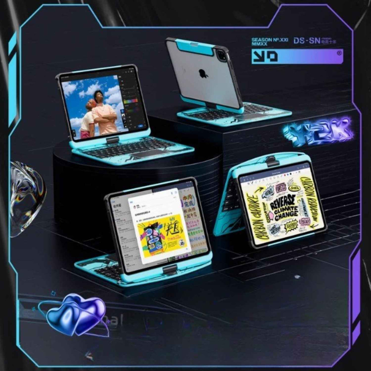 coque iPad avec support multi-angles en coloris bleu, plusieurs positions d'inclinaison disponibles