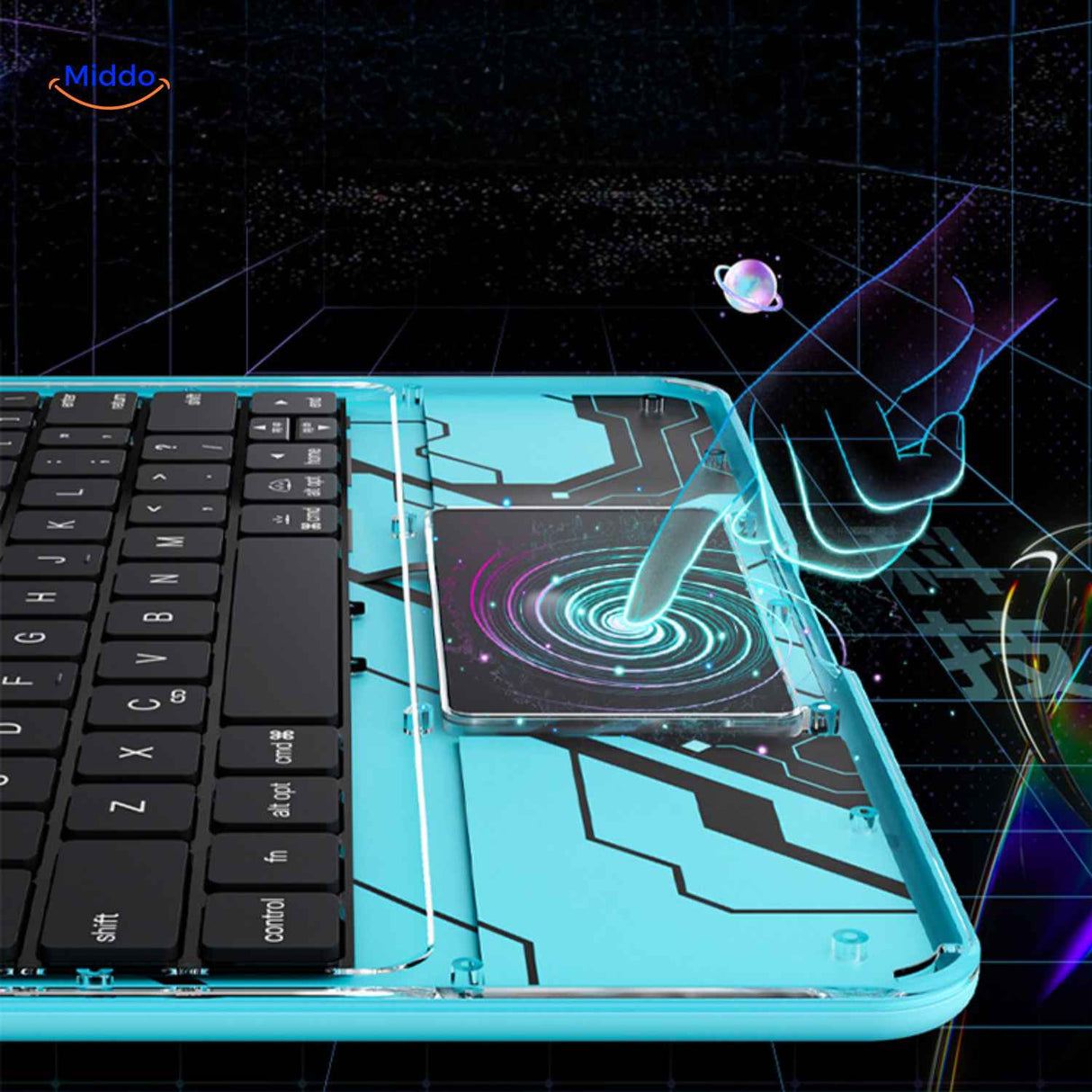 coque iPad avec touchpad intégré et design circuit imprimé bleu, aspect high-tech