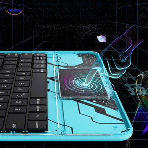 coque iPad avec touchpad intégré et design circuit imprimé bleu, aspect high-tech