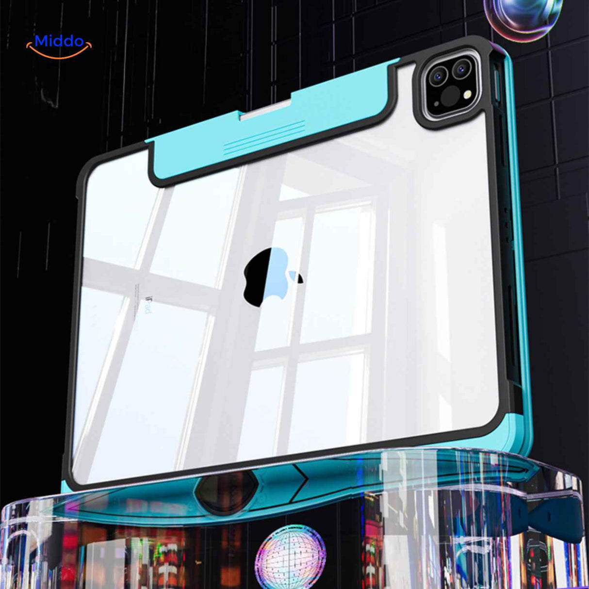 coque iPad transparente avec protection caméra intégrée, dos cristal gros plan