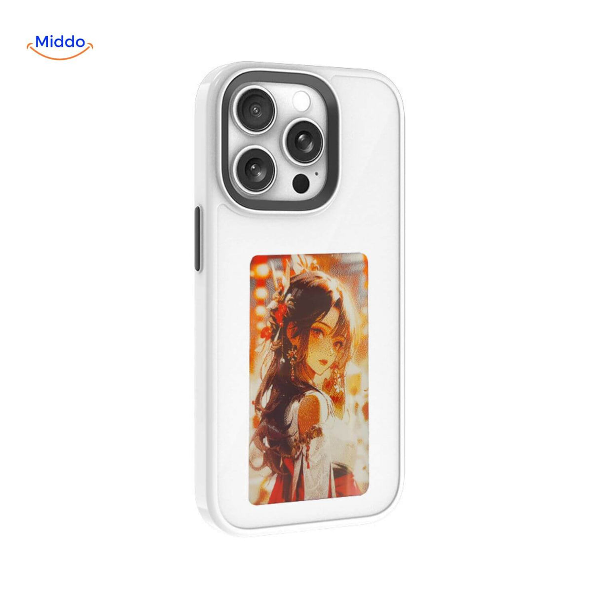 coque iphone e-ink nfc coloris blanc avec portrait de femme affiché sur l'écran personnalisable