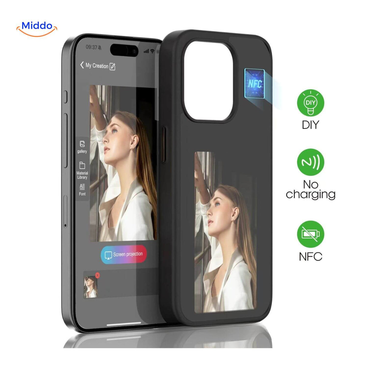 coque iphone e-ink nfc noire : une femme change le design via l'application smartphone