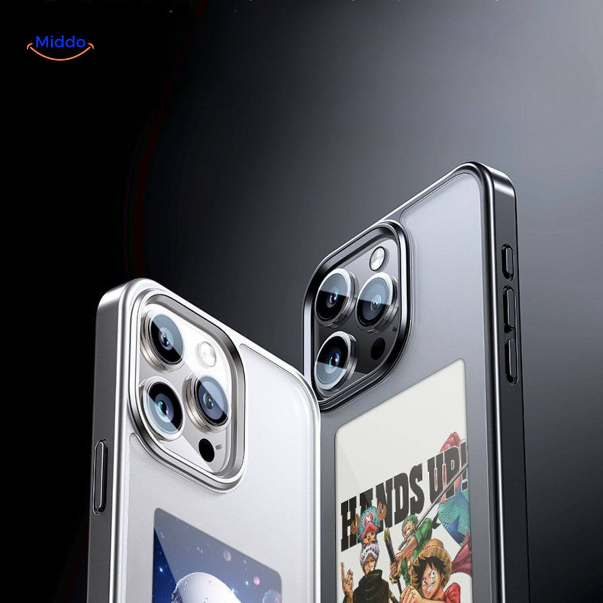 coque iphone e-ink nfc noire avec un personnage de dessin animé affiché sur l'écran