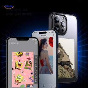 coque iphone e-ink nfc noire affichant une photo d'une femme avec son chien