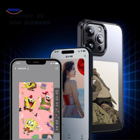 coque iphone e-ink nfc noire affichant une photo d'une femme avec son chien