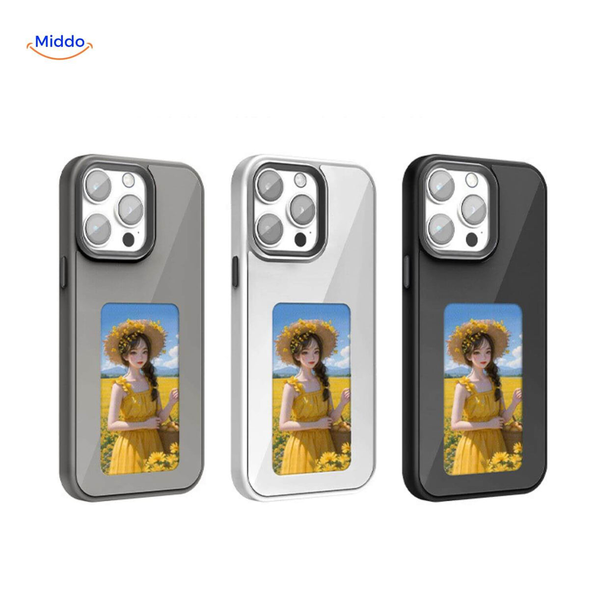 coque iphone e-ink nfc coloris gris avec photo d'une femme entourée de tournesols