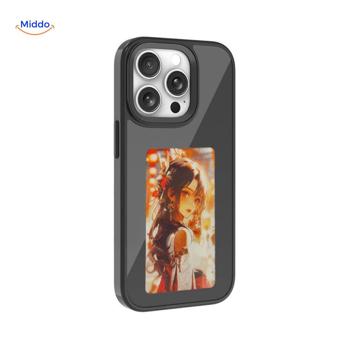 coque iphone e-ink nfc noire avec photo d'une femme en pose affichée sur l'écran e-ink