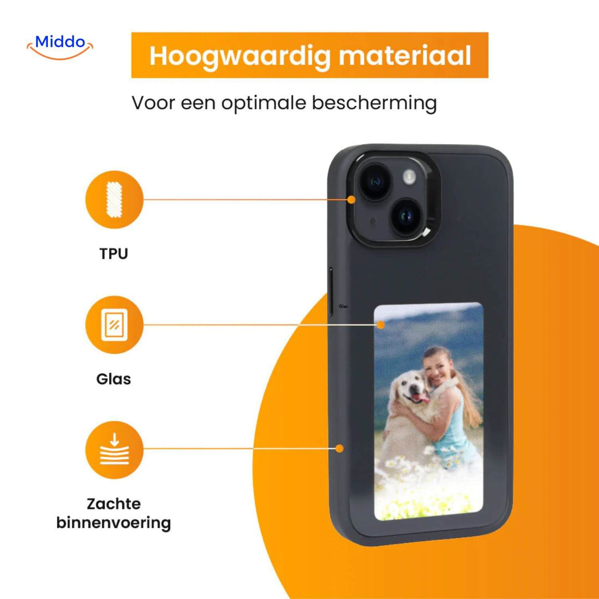 coque iphone e-ink nfc noire avec photo d'une jeune fille affichée sur l'écran e-ink
