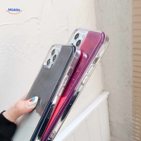 coque téléphone sable liquide côté avec boutons colorés et bordure transparente