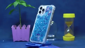 coque téléphone sable liquide bleu avec effet glitter et brillance scintillante