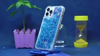 coque téléphone sable liquide bleu avec effet glitter et brillance scintillante
