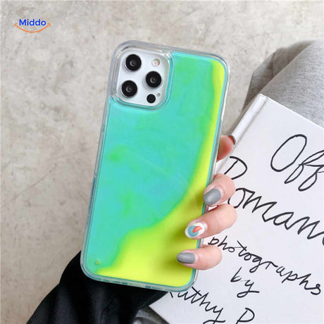 coque téléphone sable liquide effet néon vert et jaune fluo
