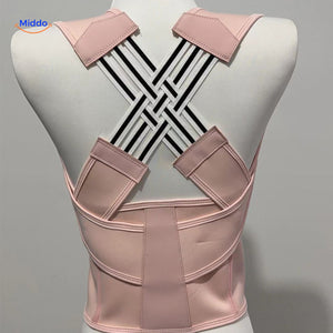 correcteur de posture dorsal en coloris rose, réglable et discret sous les vêtements