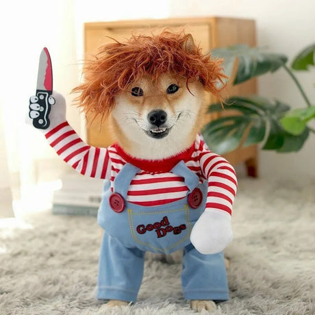 shiba inu en costume de poupée horrifiante avec cheveux rouges et couteau pour halloween