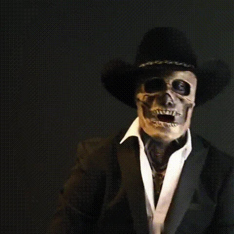 costume de squelette halloween réaliste avec chapeau et tête tournante, effet animé