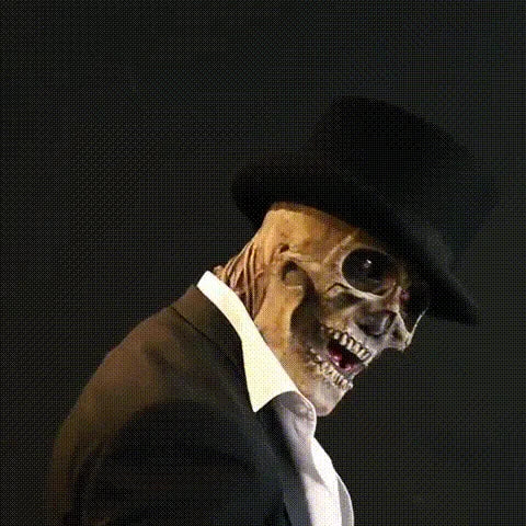 costume de squelette halloween avec chapeau et effet de tête qui pivote