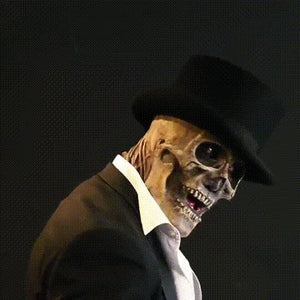 costume de squelette halloween avec chapeau et effet de tête qui pivote