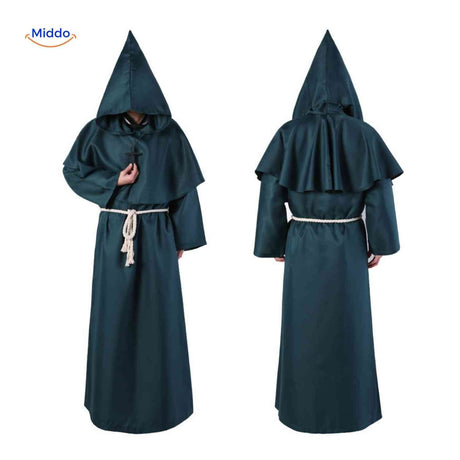 costume gothique de moine à capuche pour halloween, robe sombre au style médiéval prononcé