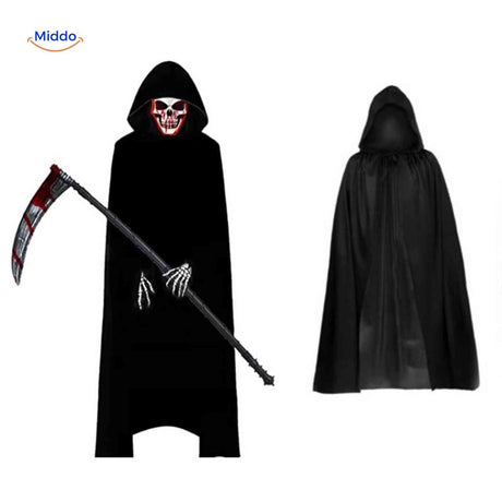 set halloween complet avec cape noire, masque squelette et faux de la mort