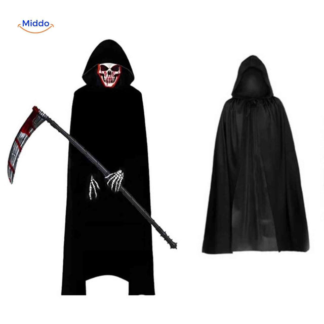 set halloween complet avec cape noire, masque squelette et faux de la mort