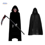 set halloween complet avec cape noire, masque squelette et faux de la mort
