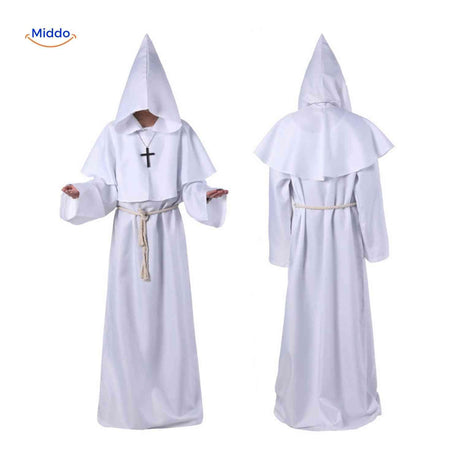 costume de moine à capuche porté pour halloween, tenue médiévale complète avec robe longue