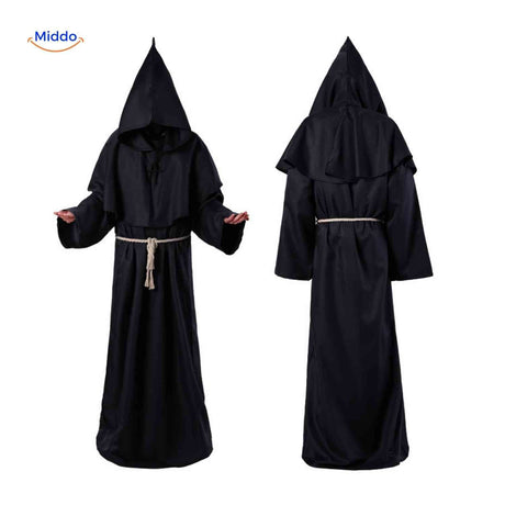 costume de moine d'église sombre pour halloween, robe longue à capuche dans un décor nocturne