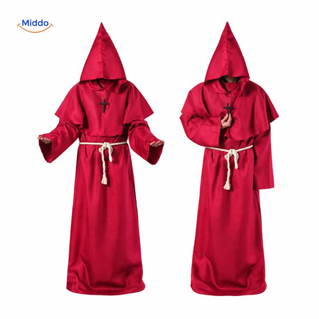 Costume Monkara rouge framboise actuel, vues de face et de dos