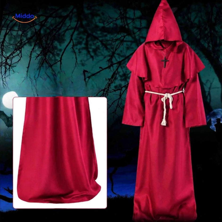 Costume Monkara rouge framboise actuel dans une scène nocturne d’Halloween
